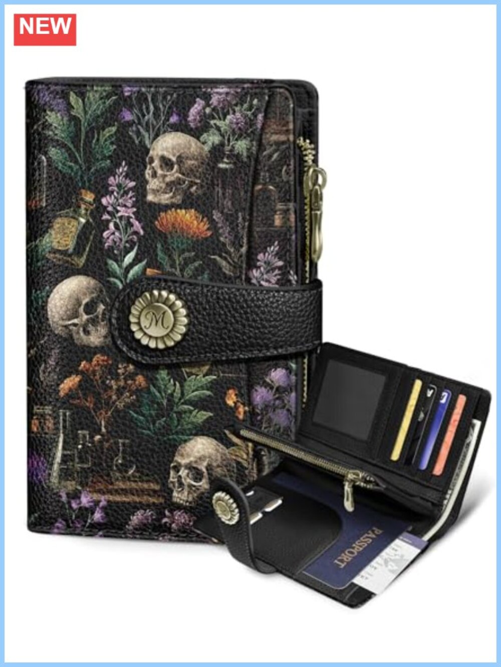 Goth Skull Flower Wallet RFID Blocking Passport Holder PU Leather Bifold